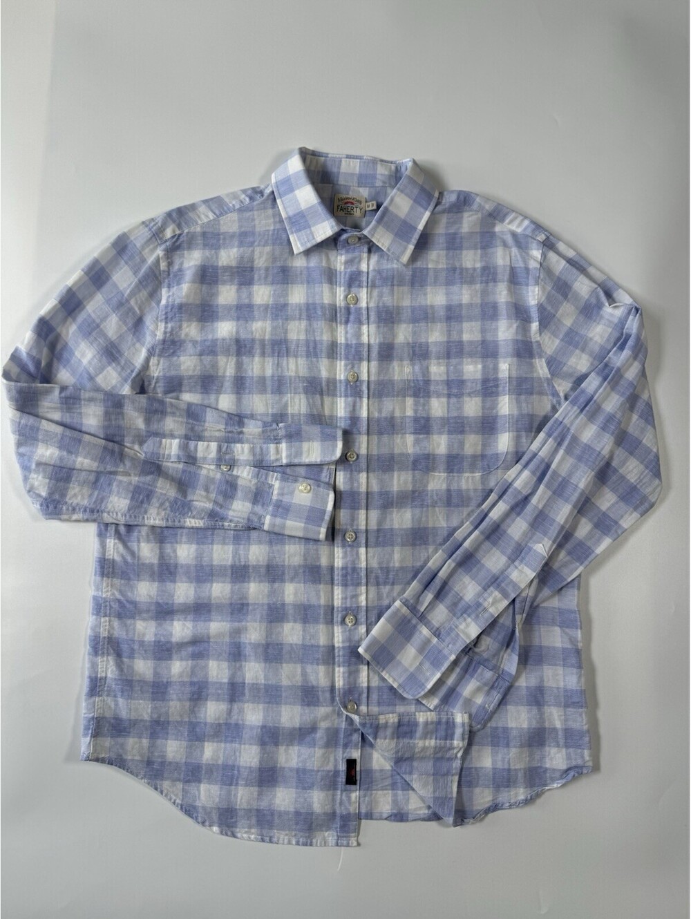 Faherty Men’s M Cotton Linen Gingham Button Down Shirt Blue White Coastal